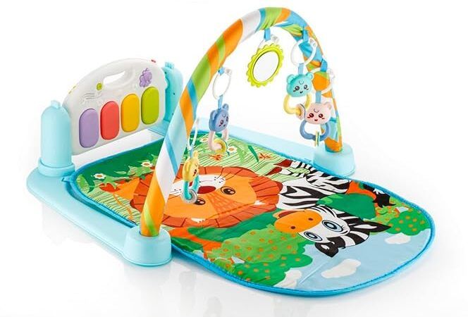 Newborn Baby Gym Mat with Music Piano, Hanging Rattles, Mirror & Tummy Time Toys