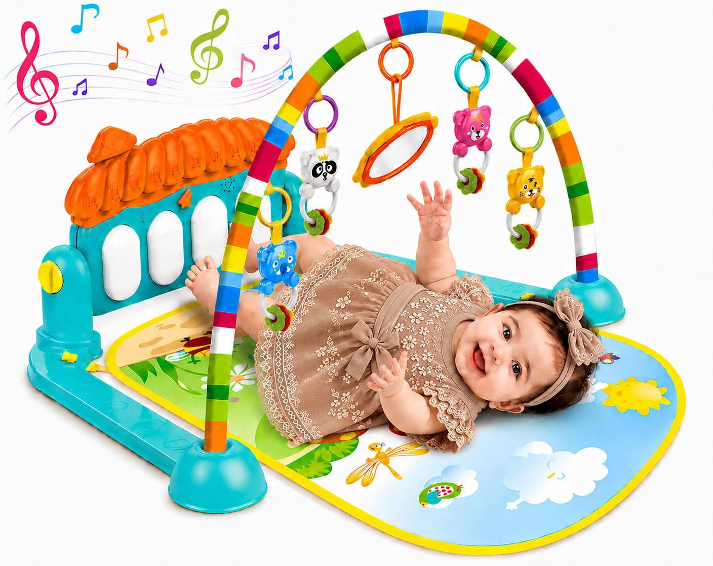 Baby Gym Mat with Animal Hanging Toys Piano Fitness Rack 0-18M-image-10