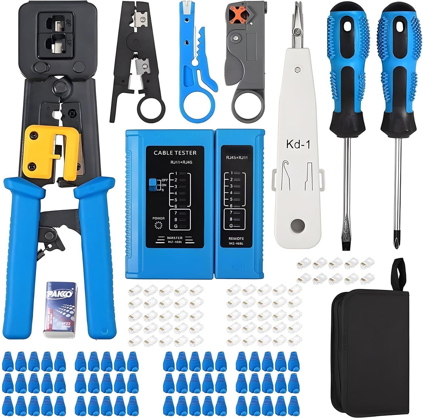 xikkart Crimping Tool, RJ45 Wire Cutter, Tool Kit, 50PCS RJ45 Cat6 Passthrough Connector 50PCS Covers, Network Cable Tester, Wire Punch Down Cutter, Battery, Tool kit Manual Crimper-picture-10