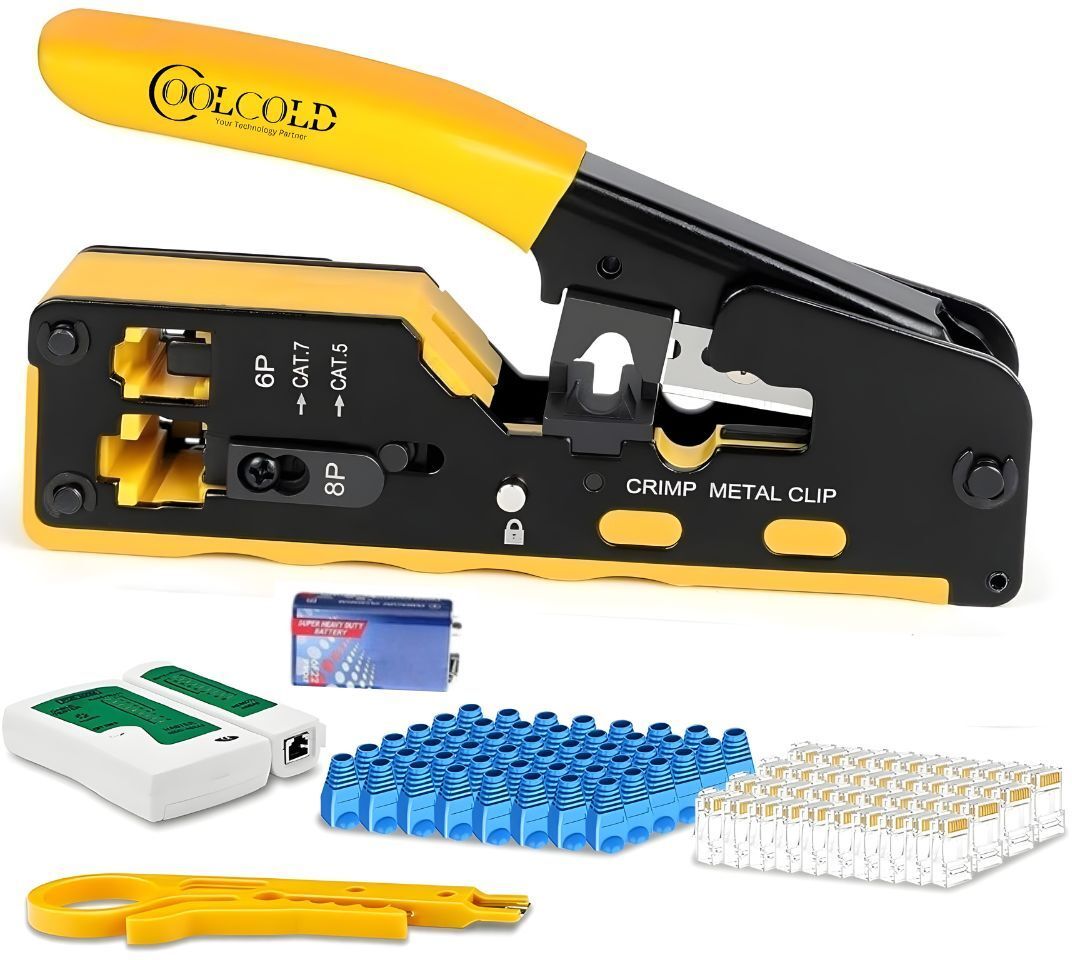 coolcold Pass Through RJ45 Crimp Tool Kit All-in-One Ethernet Crimper Cat7 Cat6 Cat5E with Lan Tester + Battery, 20-Pack Cat6 RJ45 Pass Through Connector, 10pc Boots Manual Crimper-picture-10