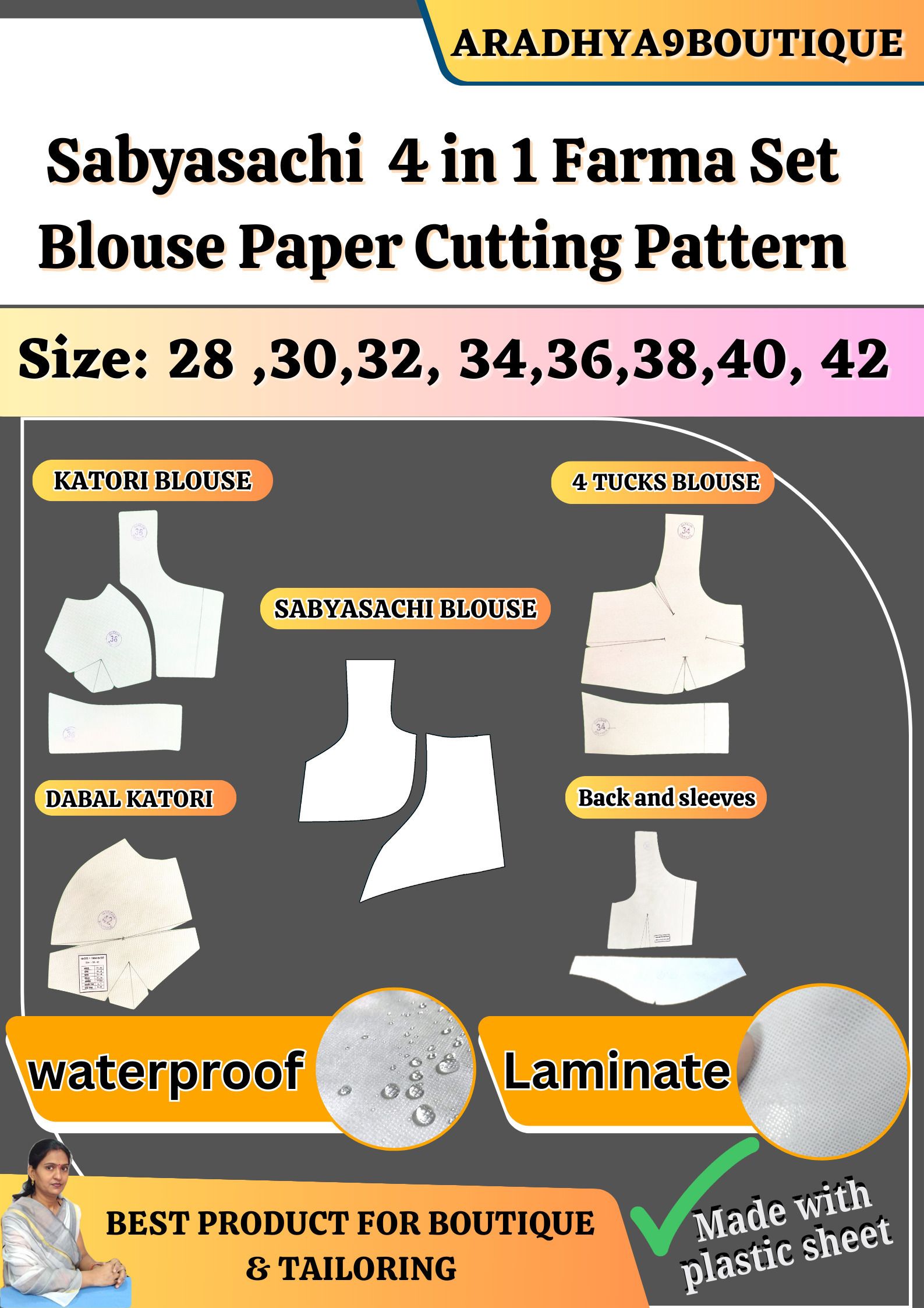 aradhyaboutique 4 Count Sabyasachi 4 In 1 Blouse Paper Cutting Patterns Combo | All Size 28 To 42 | Cross Stitch Matte Cloth-picture-33