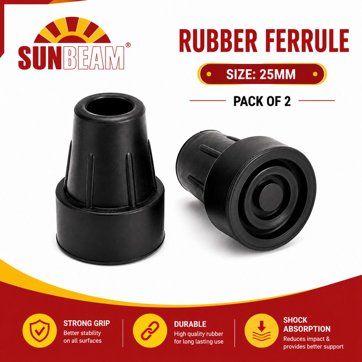 25mm Black Rubber Ferrule for Walking Stick | Anti-Skid Tip | Pack of 2 Forearm Crutch Pad-image-34