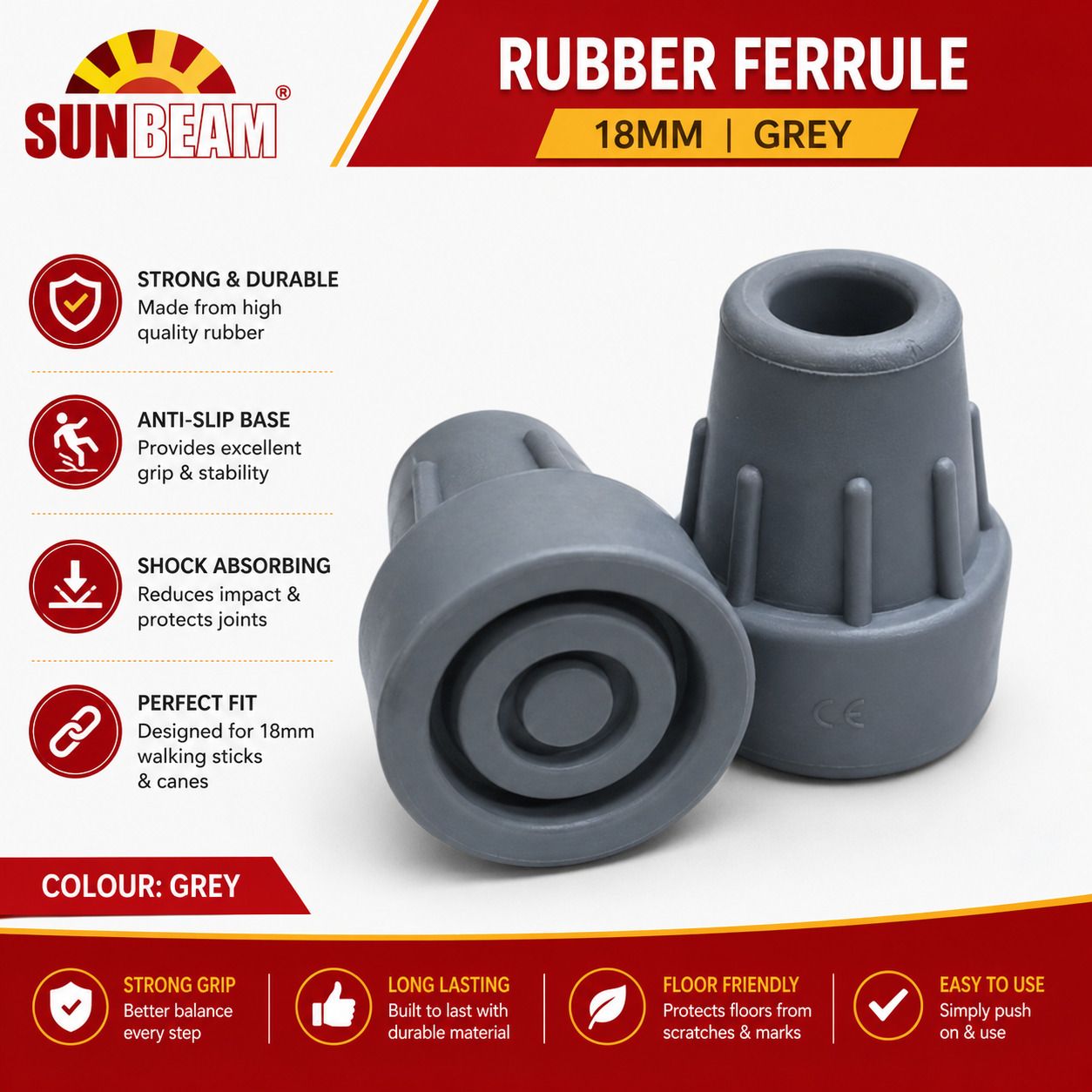 18mm Grey Rubber Ferrule for Walking Stick | Anti-Skid Crutch Tip | Pack of 2 Forearm Crutch Pad-image-9