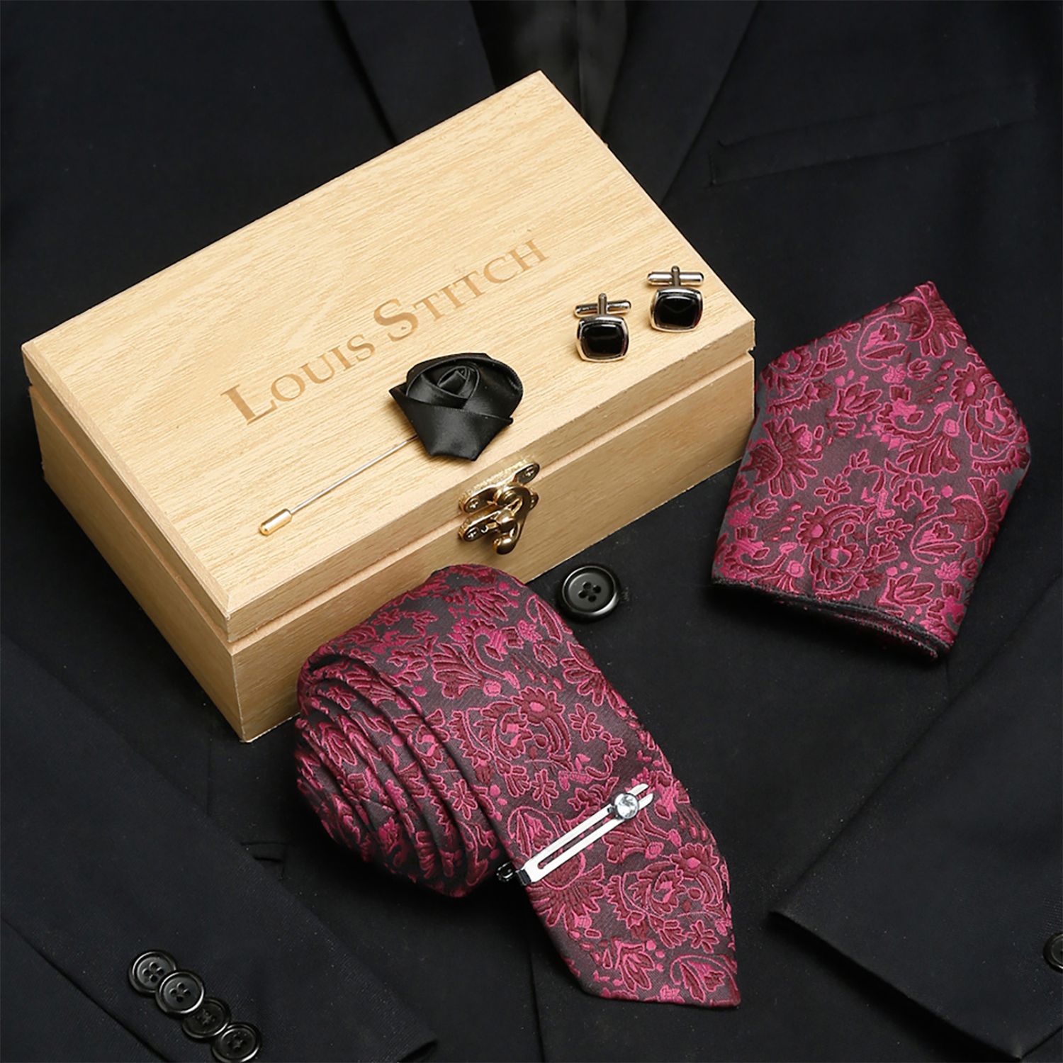 LOUIS STITCH Silk Cufflink & Tie Pin Set-image-3