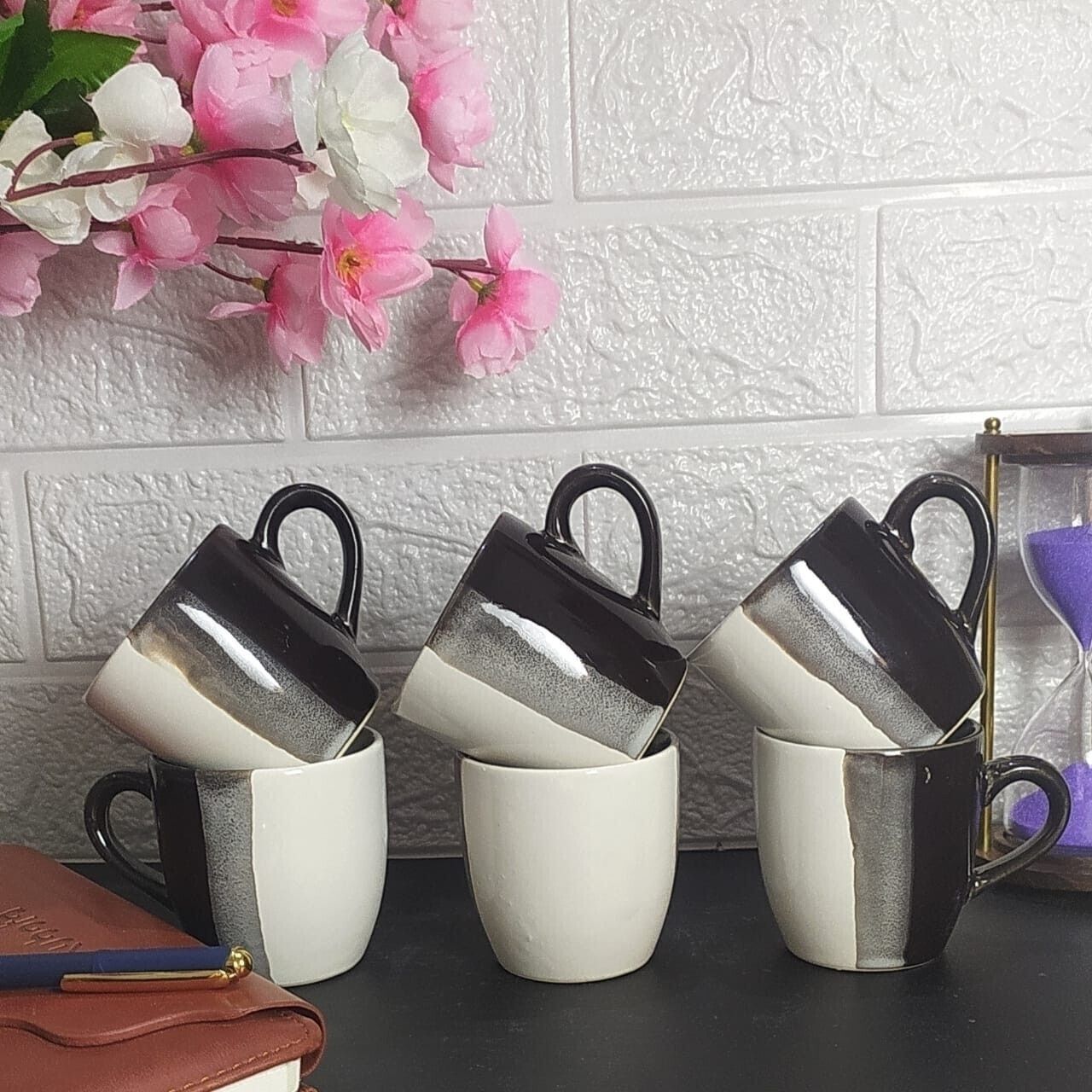 aav world Pack of 6 Ceramic BLACK TONE WHITE CERAMIC TEA CUP-picture-39