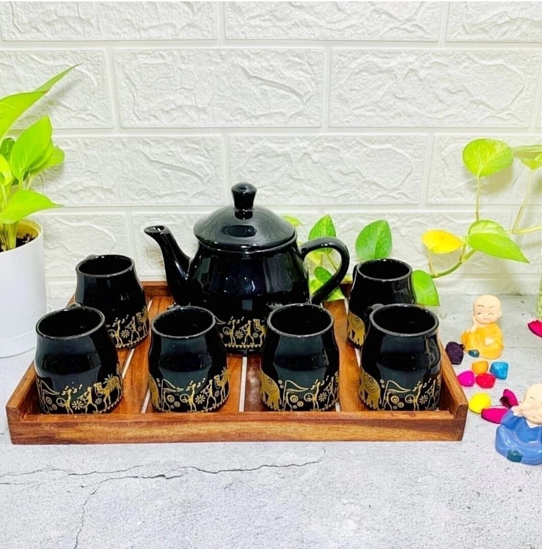Ceramic black shine Tea set with kettle ( pack of 6 cup and 1 kettle)-image-14