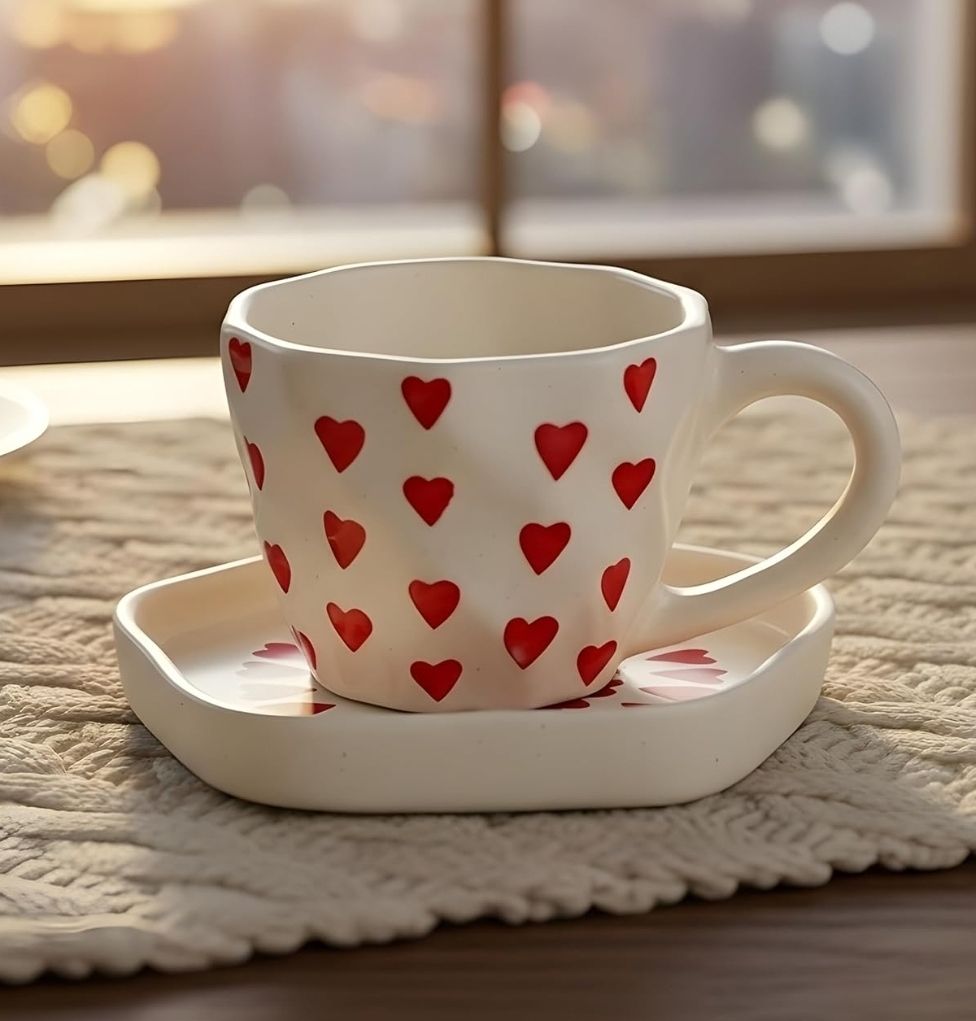 Pack of 1 Ceramic Heart Print Cup Saucer Set of 1 each, Mugs For Gifting-image-12