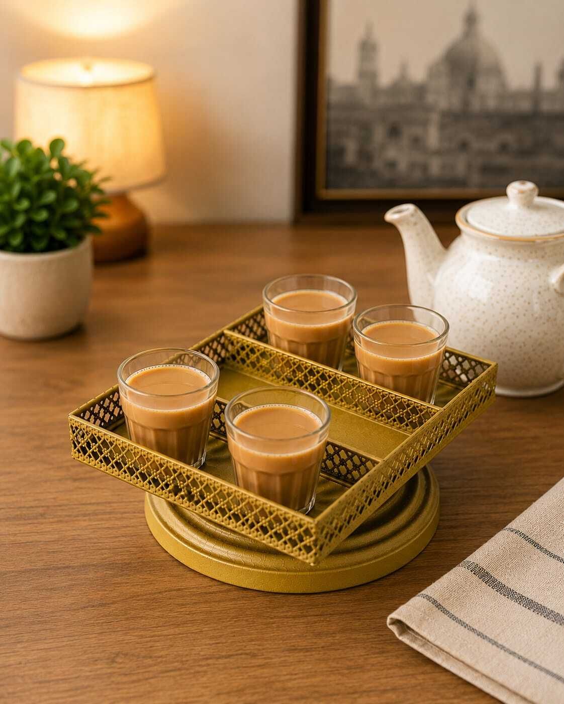 the urban home Pack of 1 Glass, Iron Premium Metal Tea Serving Tray Set with 4 Glasses Gold Finish-picture-20