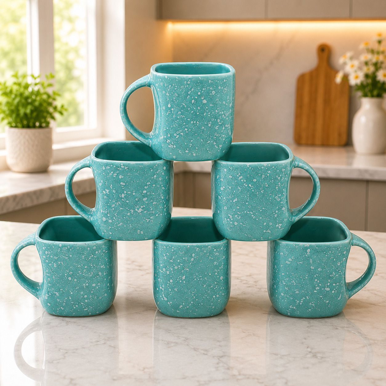 Pack of 6 Ceramic Tea & Coffee Cup Aqua Glossy Finish Square Shape 160 ML-image-29