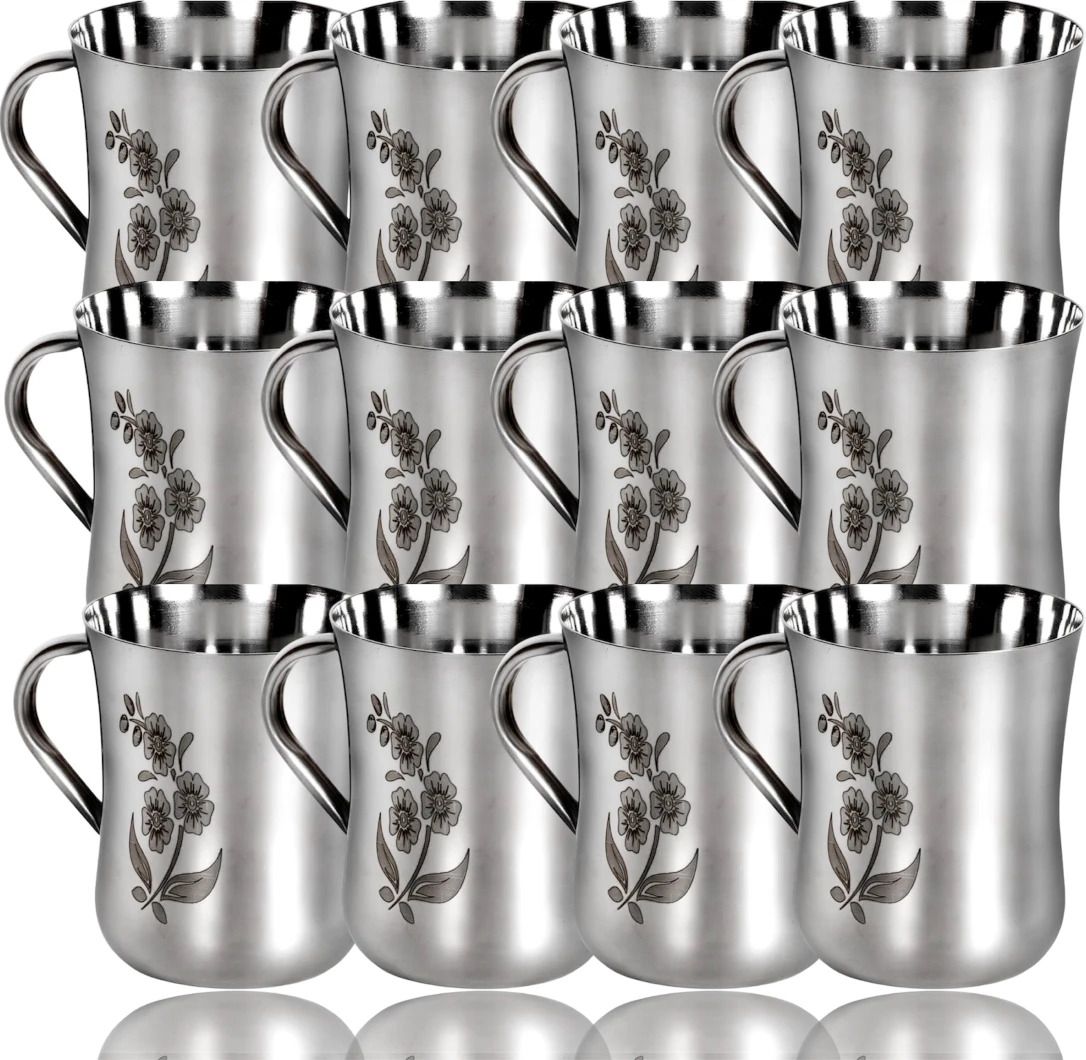 artha Pack of 12 Stainless Steel Stainless Steel Laser-Printed Cups – Set of 12 | 190ml | Mirror Polish Finish-picture-12