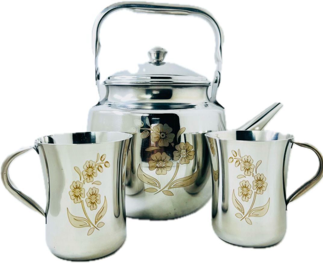 clasy Pack of 3 Stainless Steel Tea Kettle Laser Printed With 2 Cup Laser Printed Set-picture-20