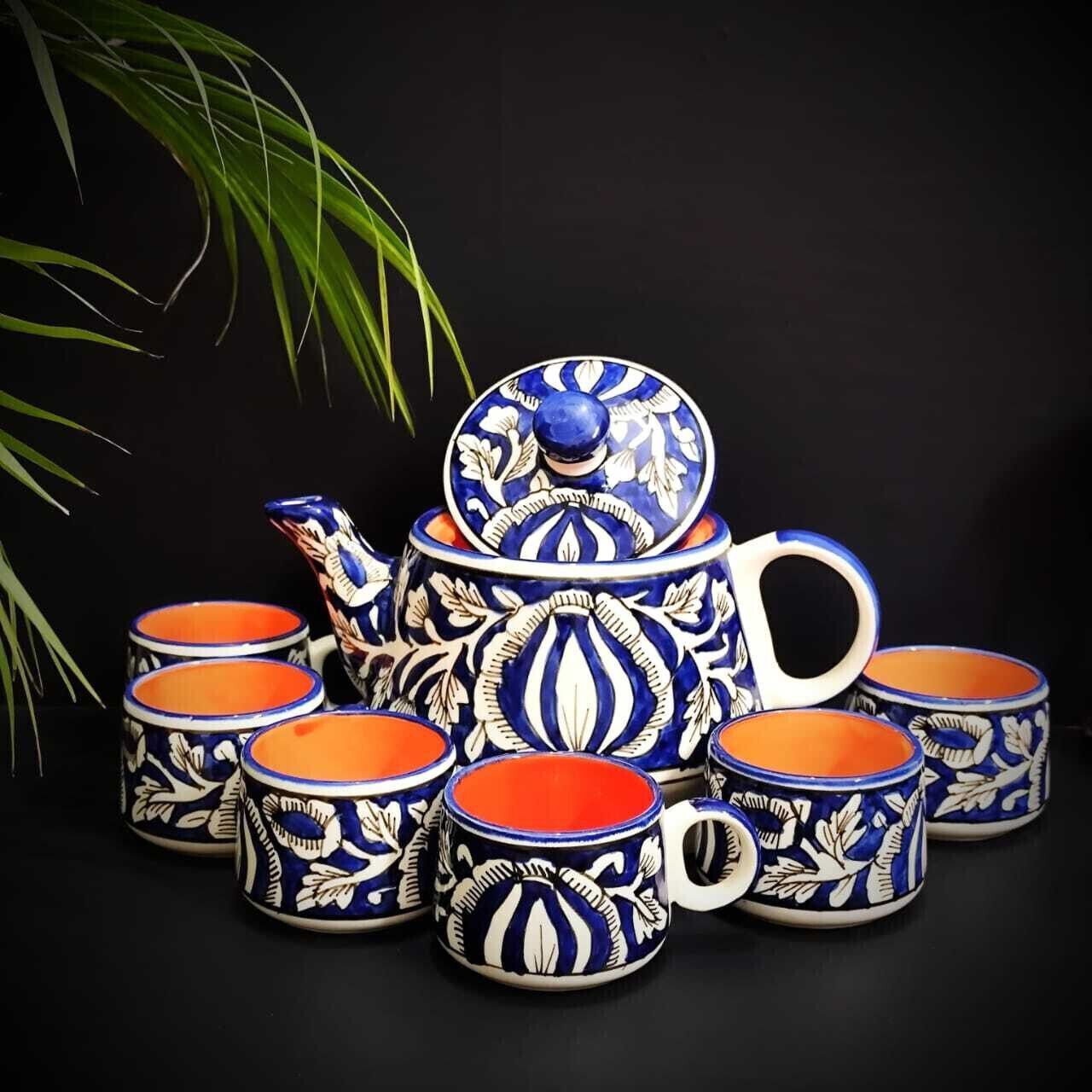 aav world Ceramic align blue mughal Tea set with kettle with cup-picture-31