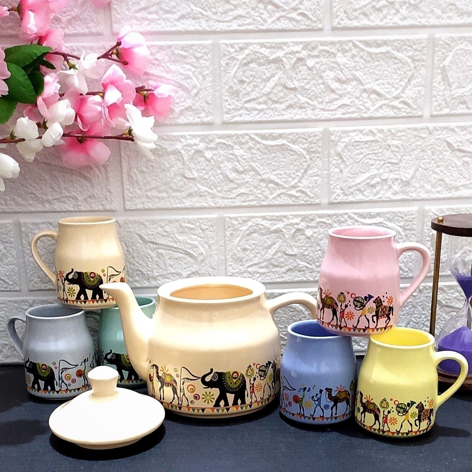 aav world cup Pack of 7 Ceramic Camel multicolour Design Tea Cup Set With Kettle-picture-27