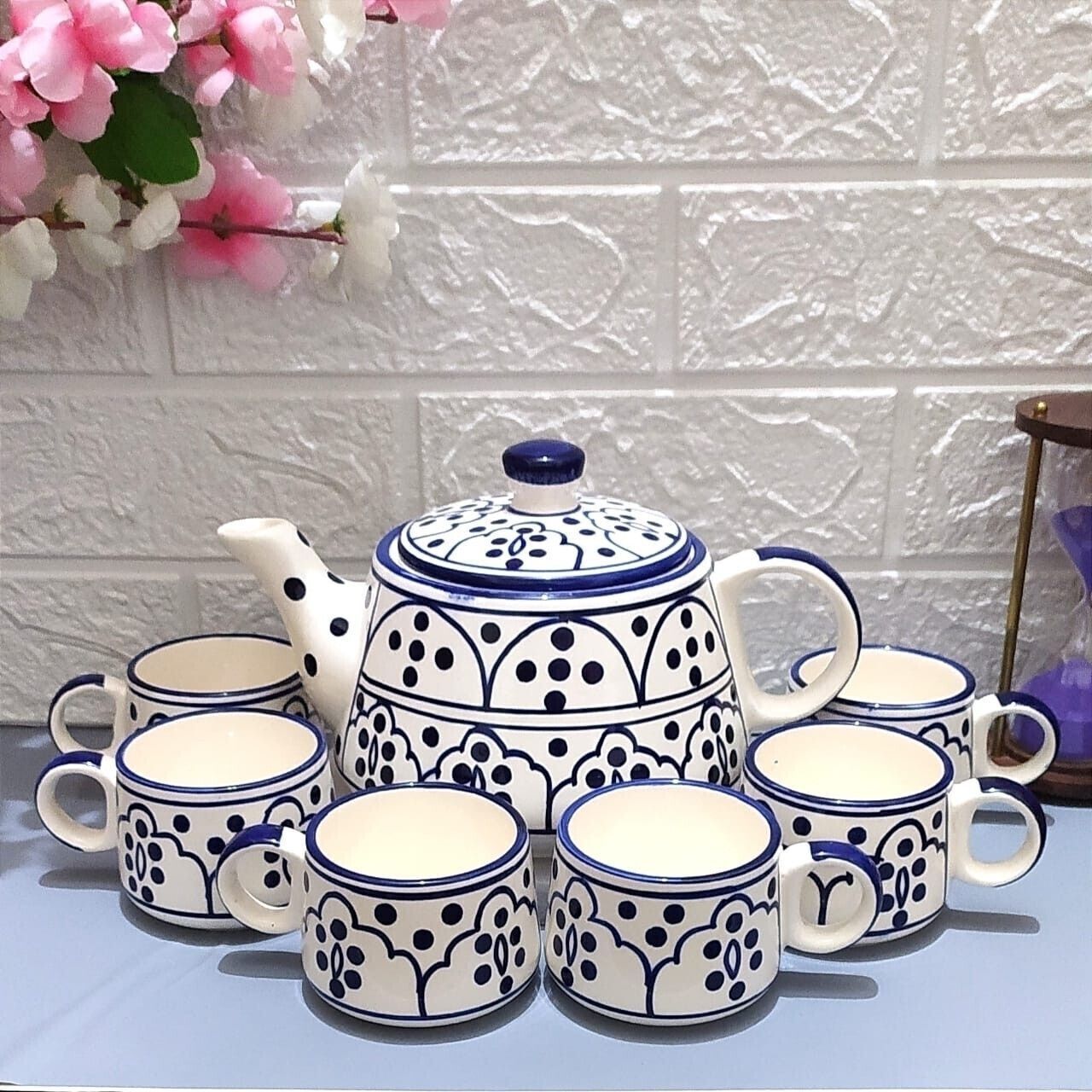 Ceramic Blossom white kettle with Blue dot set with cups-image-8