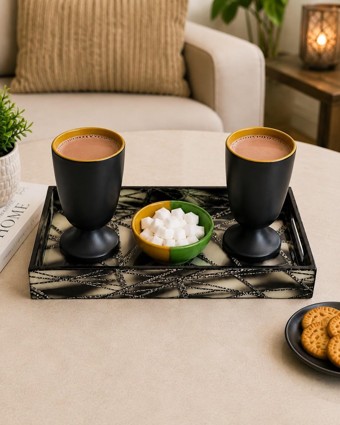 the urban home Pack of 1 Ceramic, Wooden Premium Tea Coffee Cup Set of 2 with Serving Tray and Sugar Bowl Matte Black-picture-21