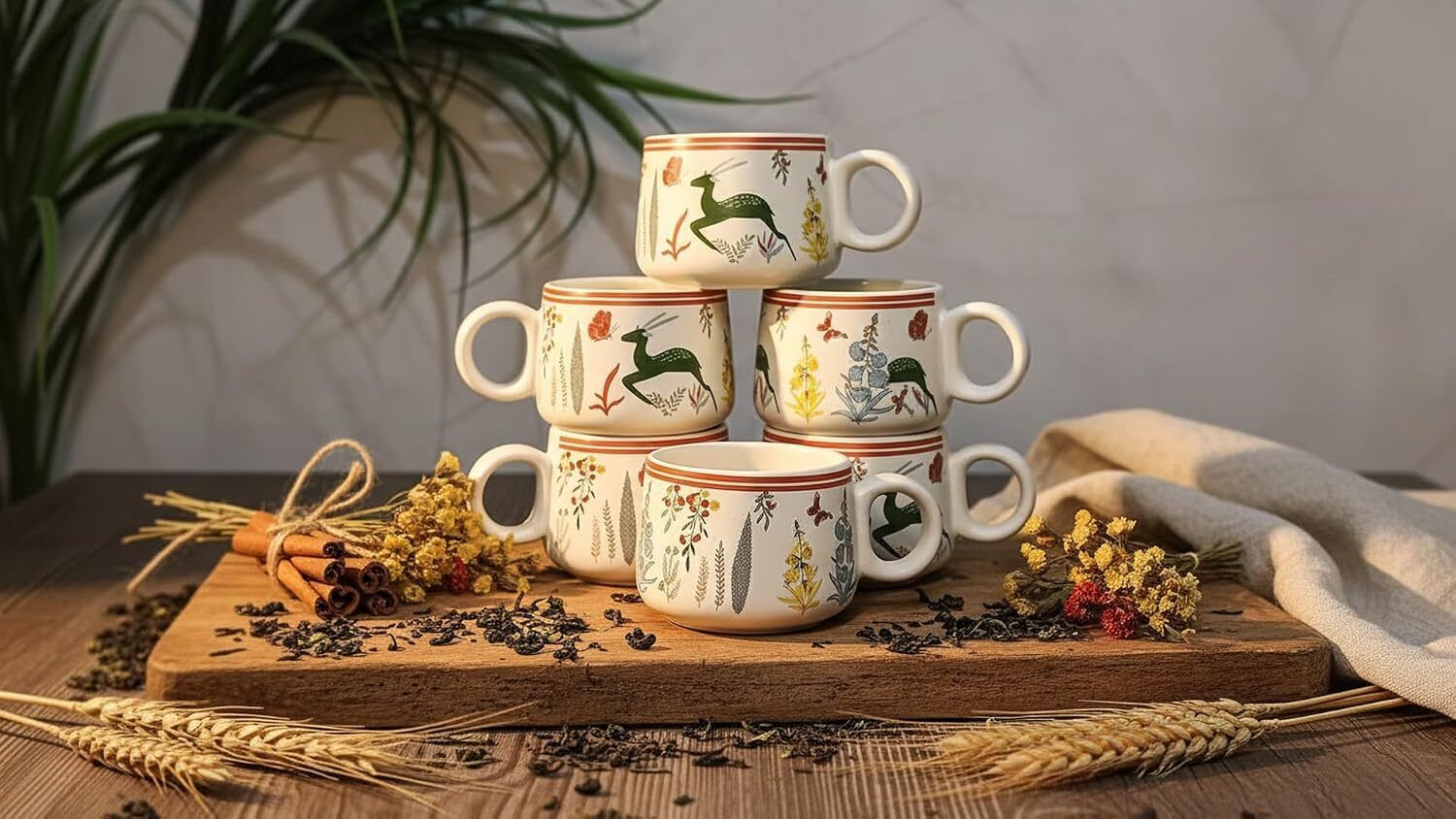 edencart Pack of 3 Ceramic Green Deer Ceramic Cup Set of 6 | 150ml Each | Tea & Coffee Cups for Home-picture-3