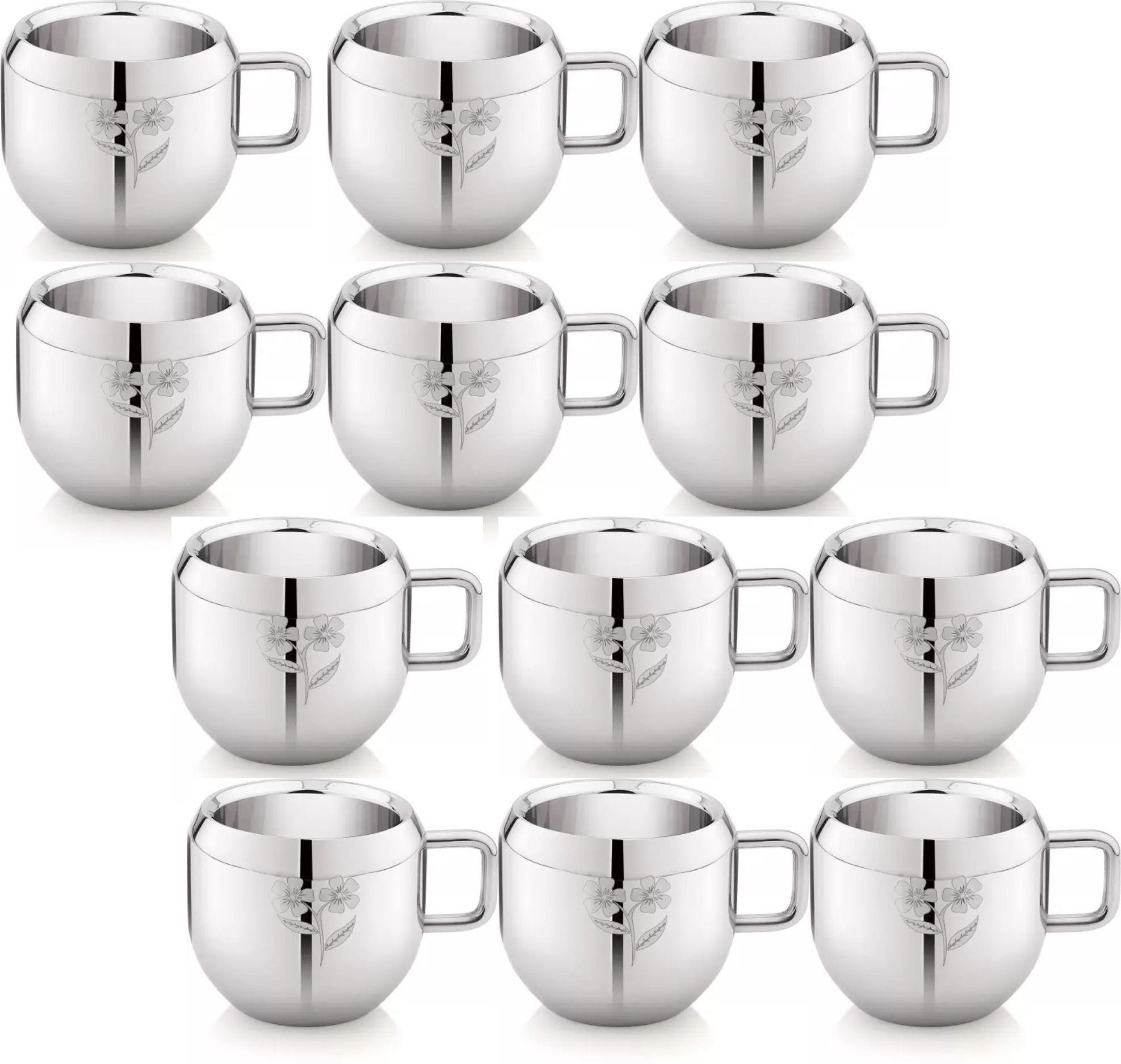 limetro steel Pack of 12 Stainless Steel Double Wall Apple Laser Printed Flower Design Tea, Coffee Cup,-picture-27