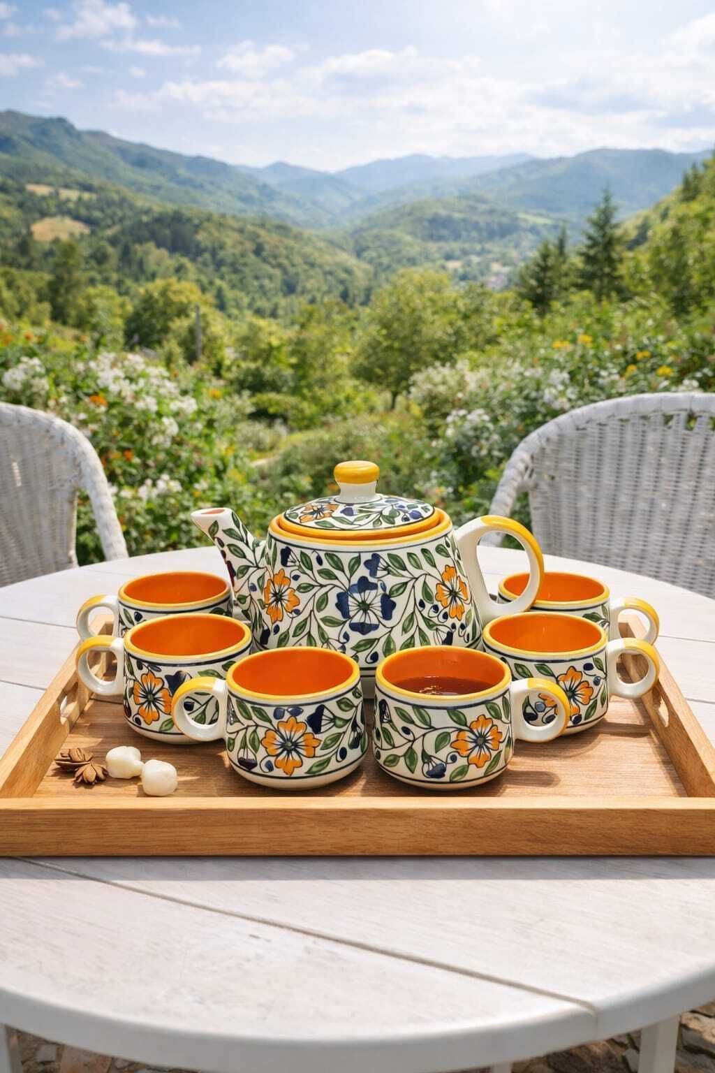 Ceramic MUGHAL ART DESIGN CERAMIC KETTLE AND 6 CUP SET-image-1