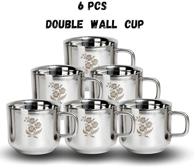 ark Pack of 6 Stainless Steel Flower Print Tea Cups 100ml Each, Gloss Finish, Silver Color-picture-17