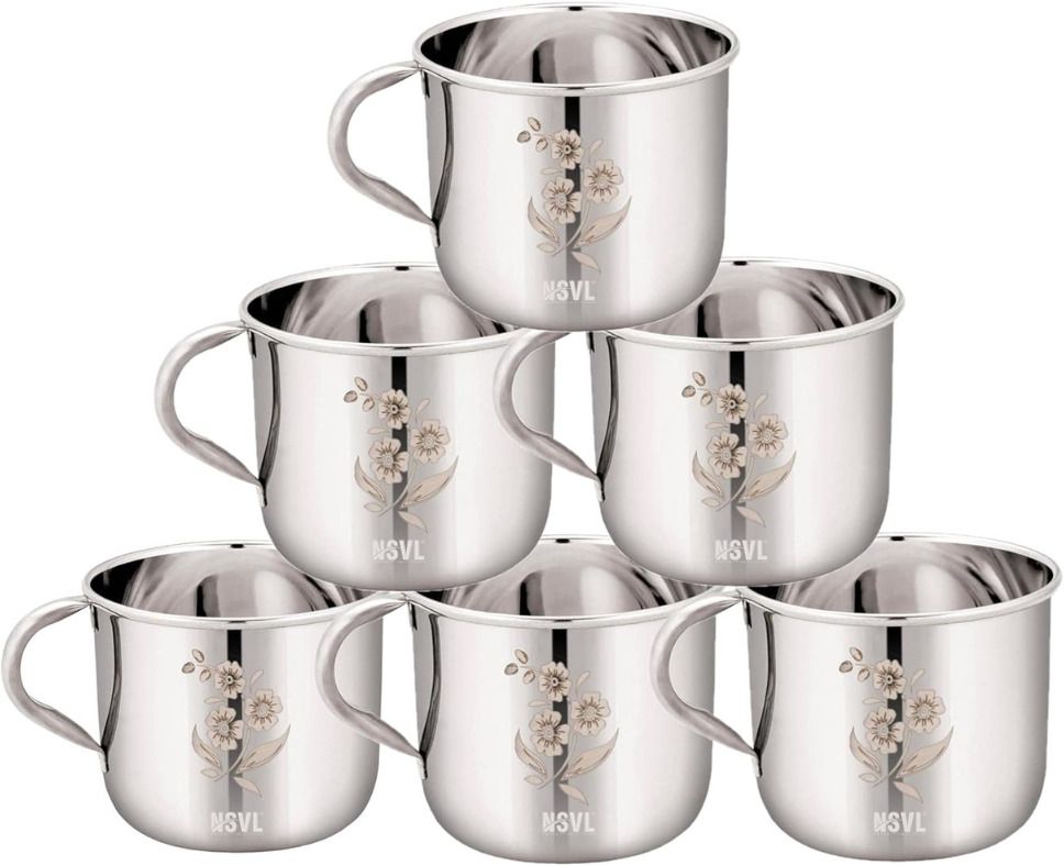 Pack of 6 Stainless Steel Single Wall Tea Cup Set | Laser Design | Silver Mirror Finish | Break Resistant