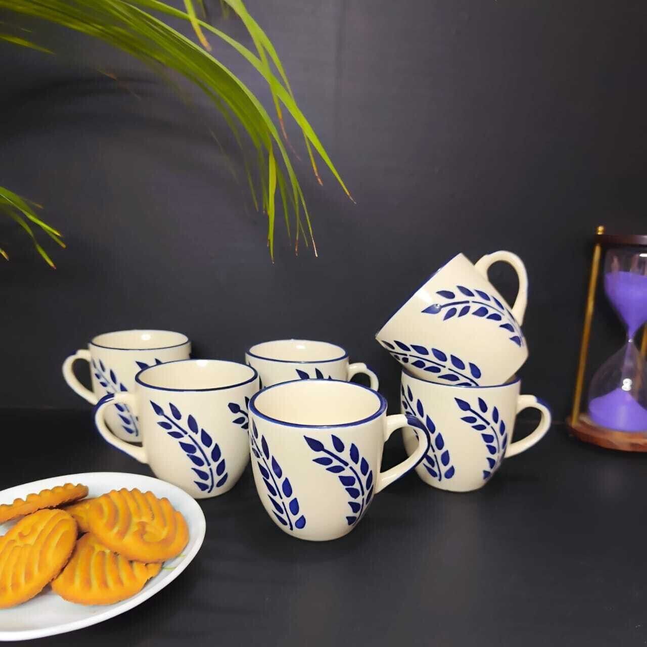Ceramic 6 white cup blue leaf design-image-42