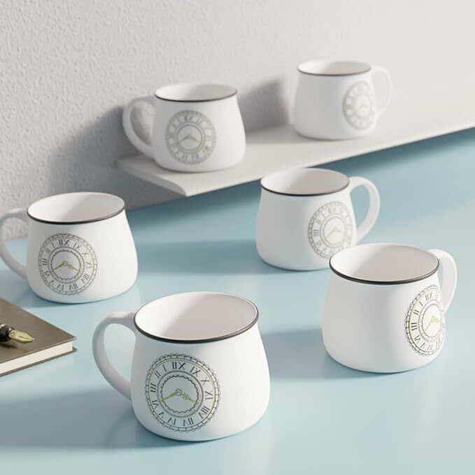 themoonstore Pack of 6 Ceramic Handprinted Clock Design Premium Ceramic Tea Cups-picture-43