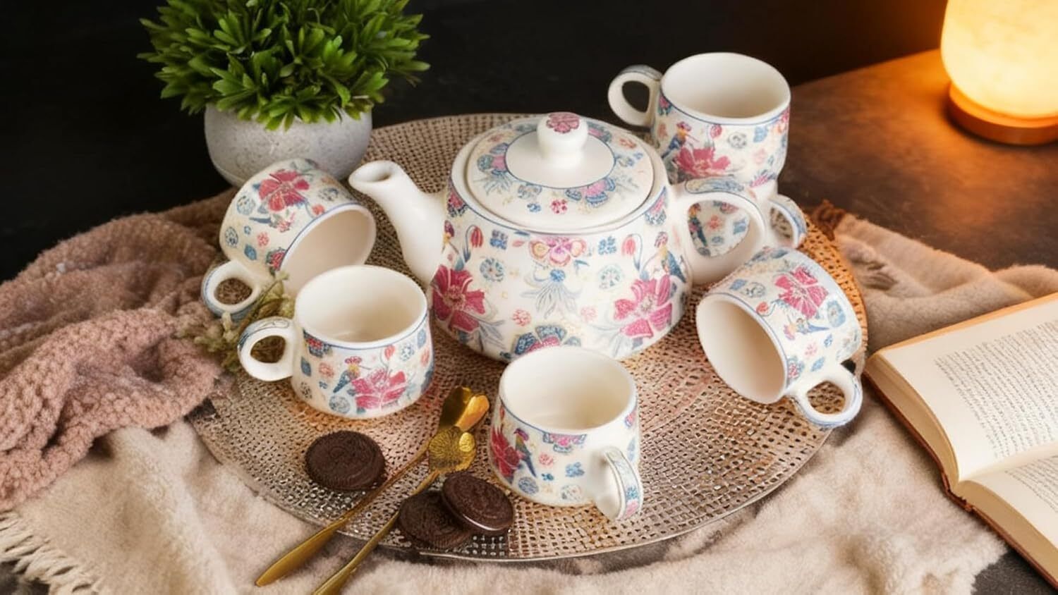 edencart Pack of 7 Ceramic Premium Elegant Floral Print Tea Set with 950ml Teapot & 6 Cups (150ml Each)-picture-1