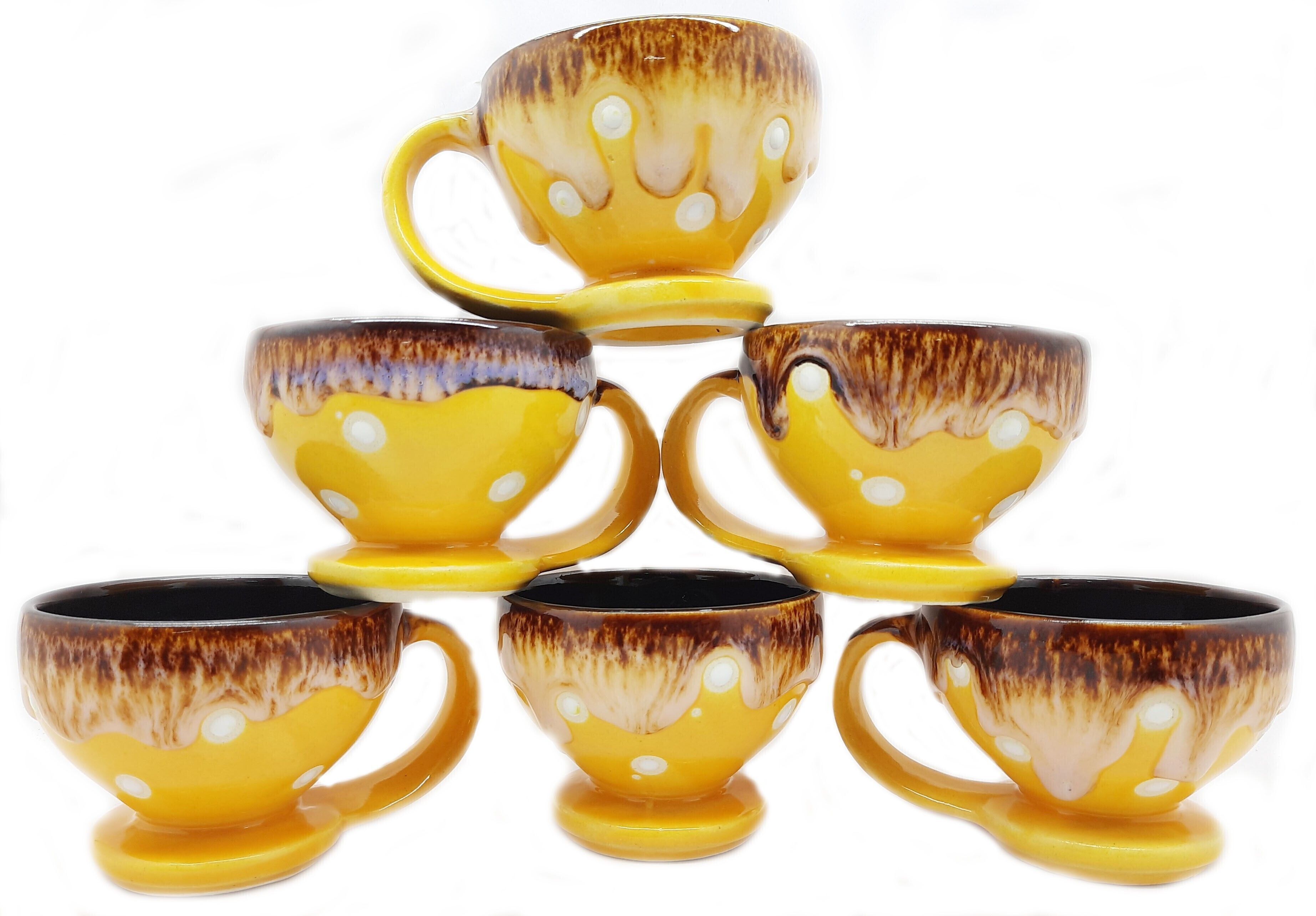 Pack of 6 Ceramic Set of 6 Ceramic new Stylish Handle Tea/Coffee Cups Beautiful & Stylist Round Shape 2 color White Dot and Microwave safe (150 ML Big size) (Yellow and Brown) (Pack of 6)-image-44