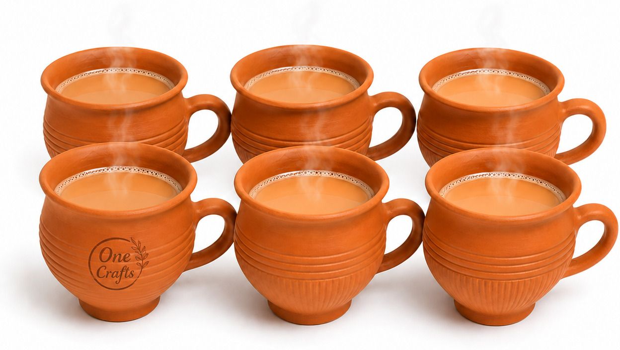 onecrafts Pack of 6 Earthenware Clay Tea Cups with Handle | Handmade Terracotta Kulhad Cups-picture-13
