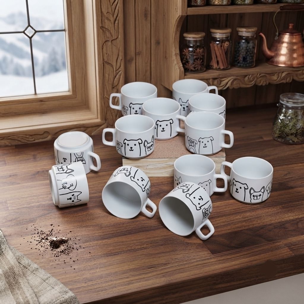 thekanikadecor Pack of 12 Ceramic Whimsical Minimalist Dog Illustration Tea/Coffee Cup Collection-picture-30
