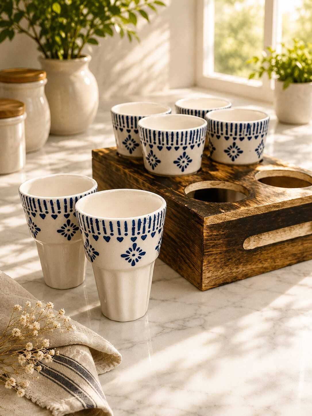 Pack of 4 Ceramic ceramic tea cup with wooden holder-image-0