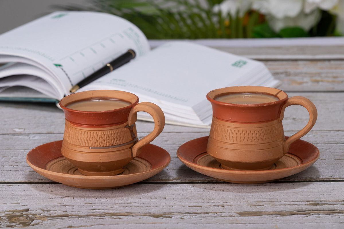karru krafft Pack of 2 Terracotta Terracotta Handcrafted High Nack Design Tea Cup with Saucer Set of 2, 120 ml-picture-27