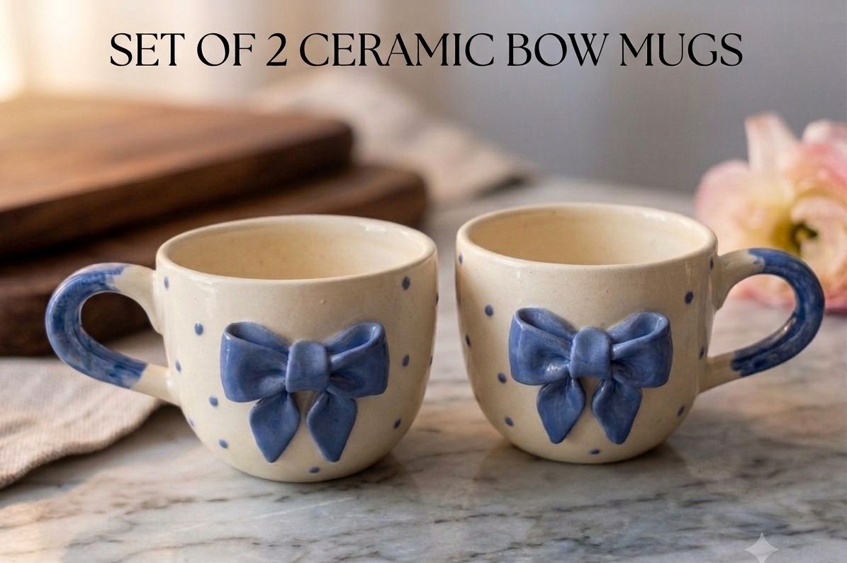 shiva enterprises Ceramic Ceramic 3D Bow Mugs - Set of 2 | Hand-Painted Polka Dot Mugs for Tea & Coffee-picture-34