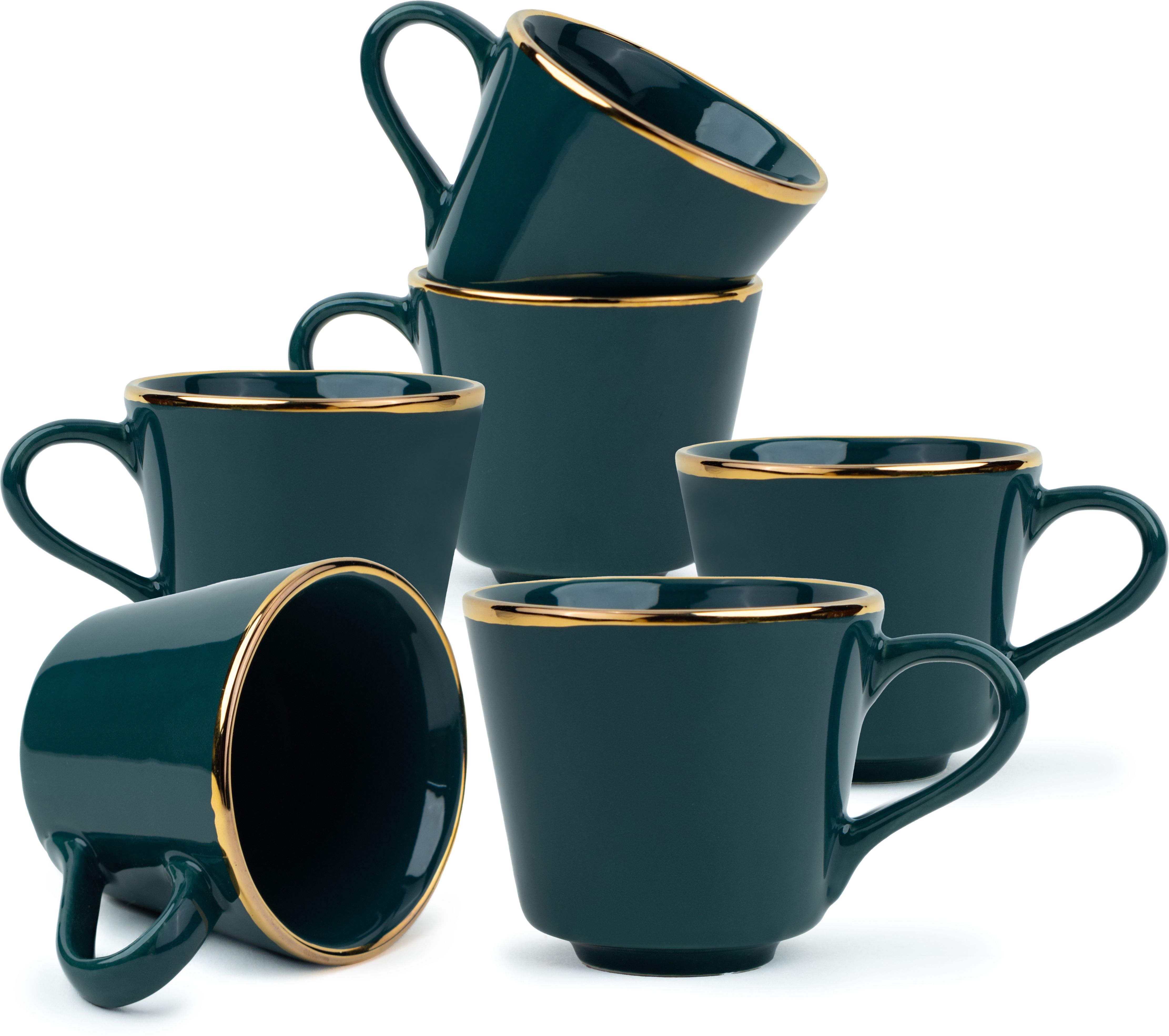Pack of 6 Ceramic Tea Cup Set, Set of 6, Teal Green with Real Gold Line-image-15