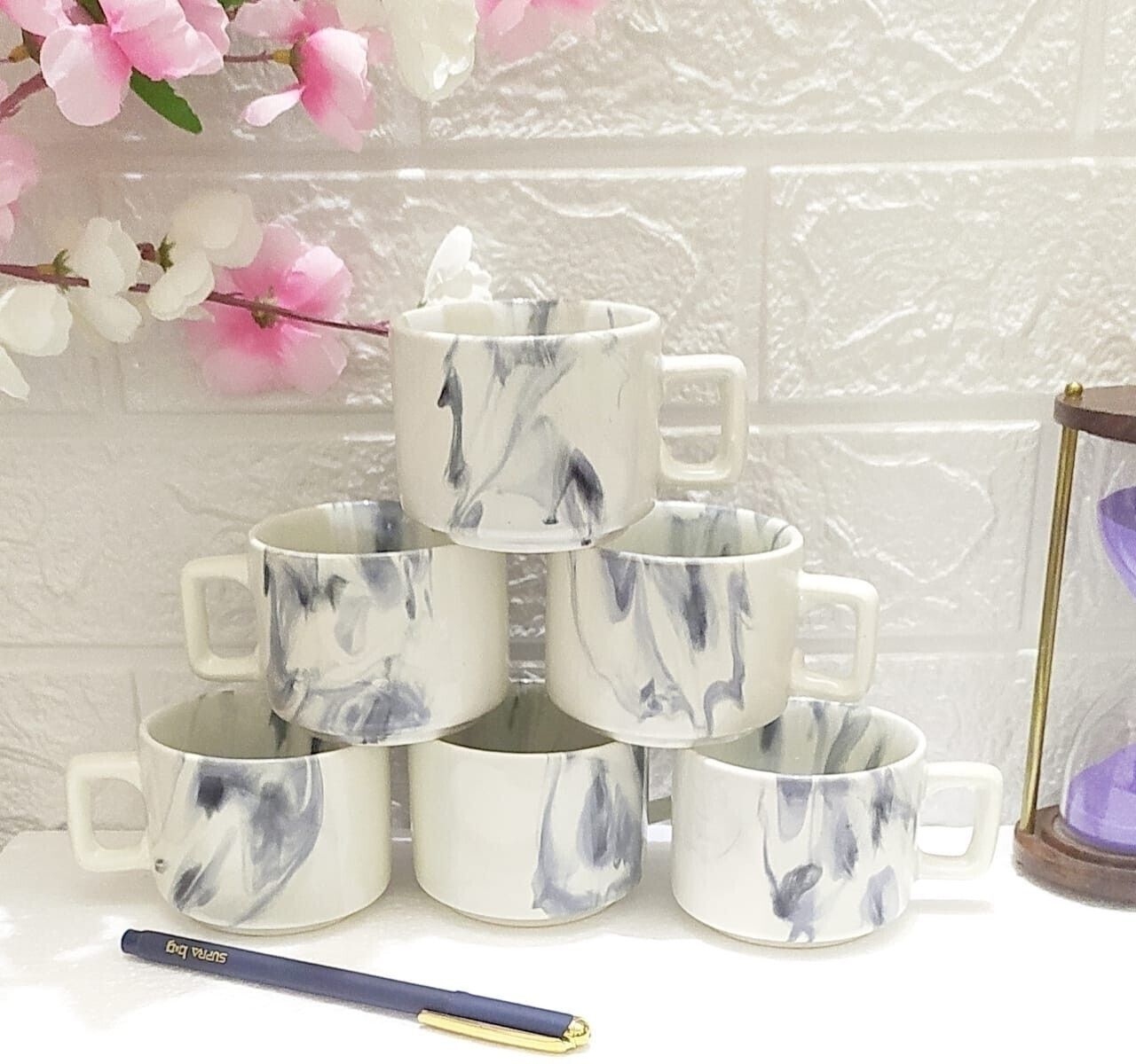 Pack of 6 Ceramic GREY LINE WHITE HOTEL CERAMIC TEA CUP SET-image-8