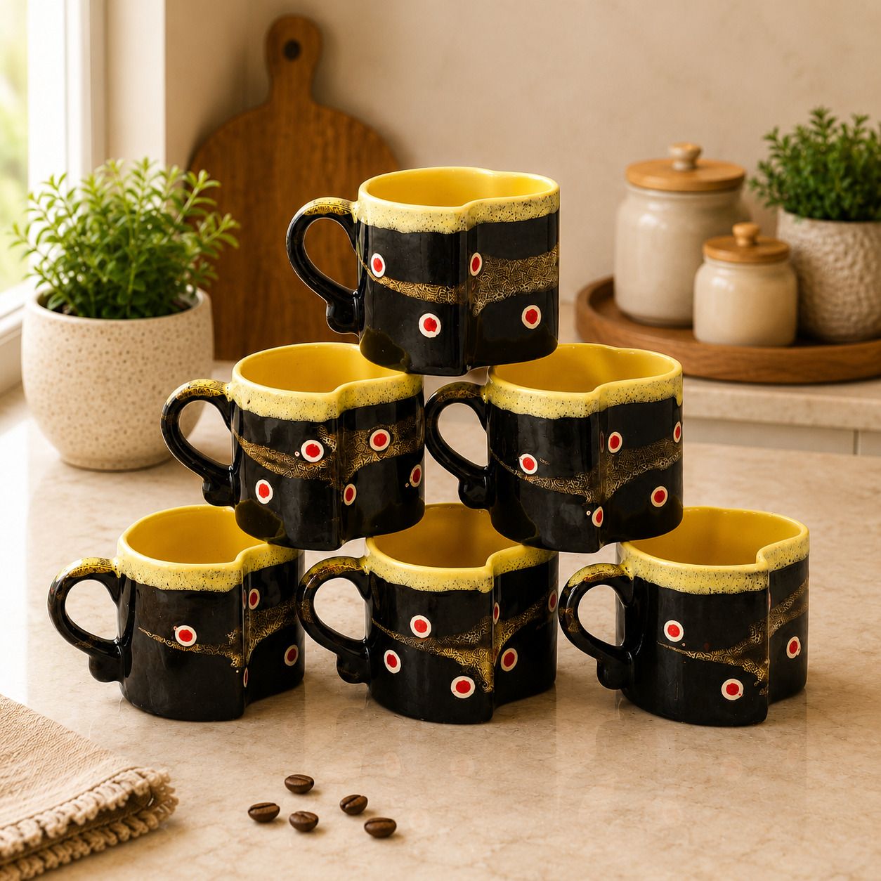 Pack of 6 Ceramic Tea & Coffee Cups Premium Mango Shape Glossy Black & Yellow Finish 170 ML-image-24