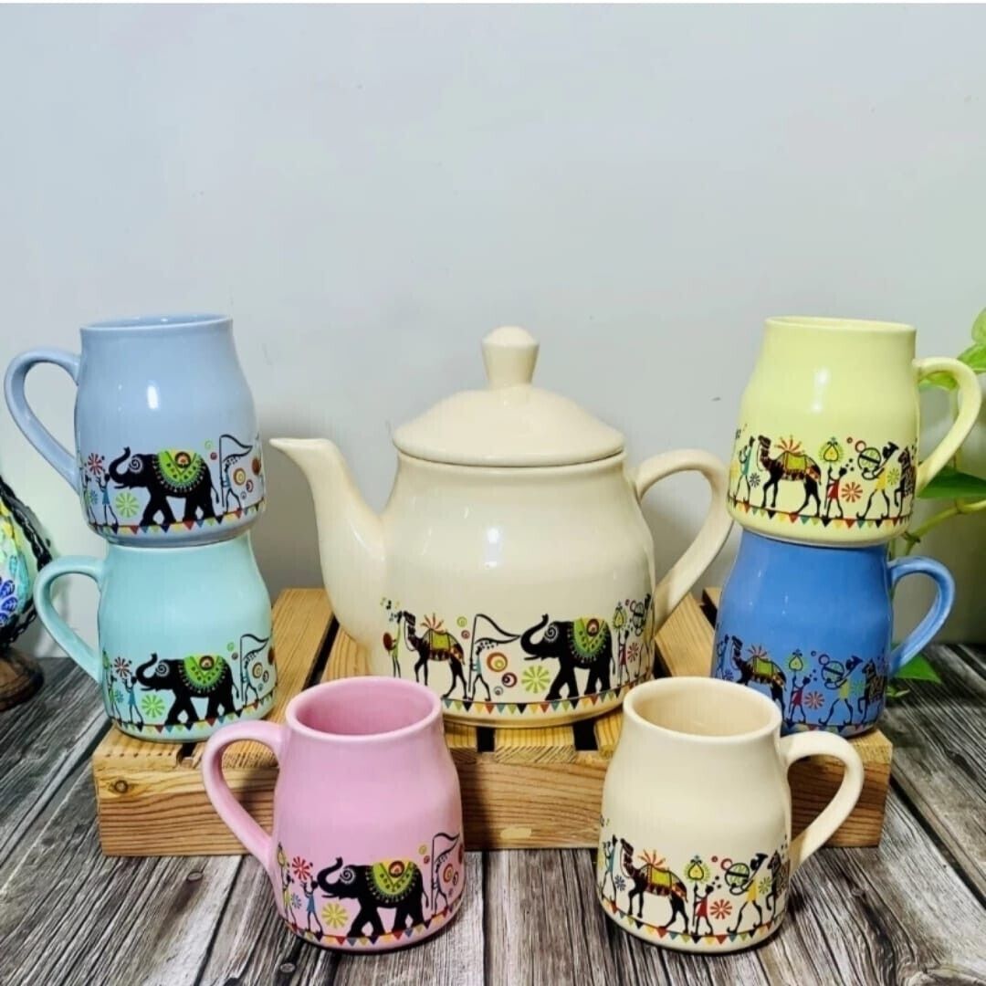 Ceramic Elephant and camel multicolour Design Tea Cup Set With Kettle-image-18