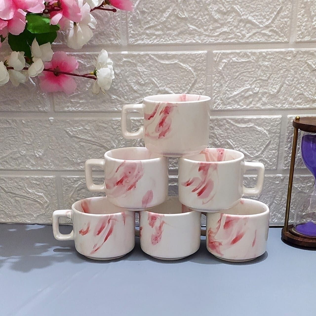 aav world Pack of 6 Ceramic TEA CUP SET RED SDESIGN HOTEL WHITE CUP-picture-24