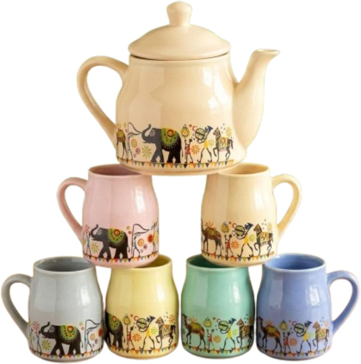 vyvr Pack of 7 Ceramic Trendy Rajasthani Art Design 1 Kettle (1000ML)6 Cups (150ML Each) For Gift Home-picture-46