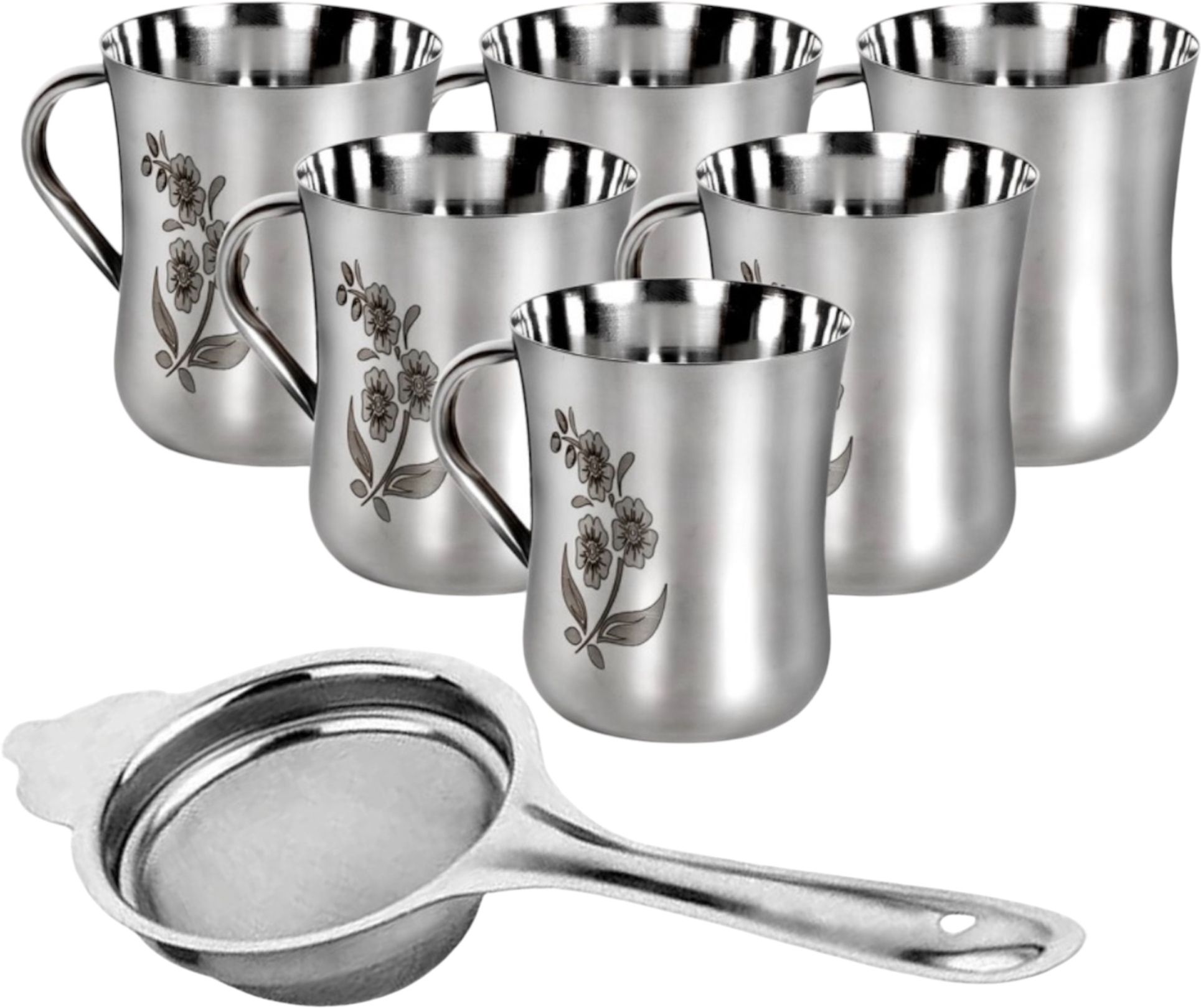 Pack of 7 Stainless Steel Laser-Printed Cups – Set of 6 With Strainer | 190ml | Mirror Polish Finished-image-25