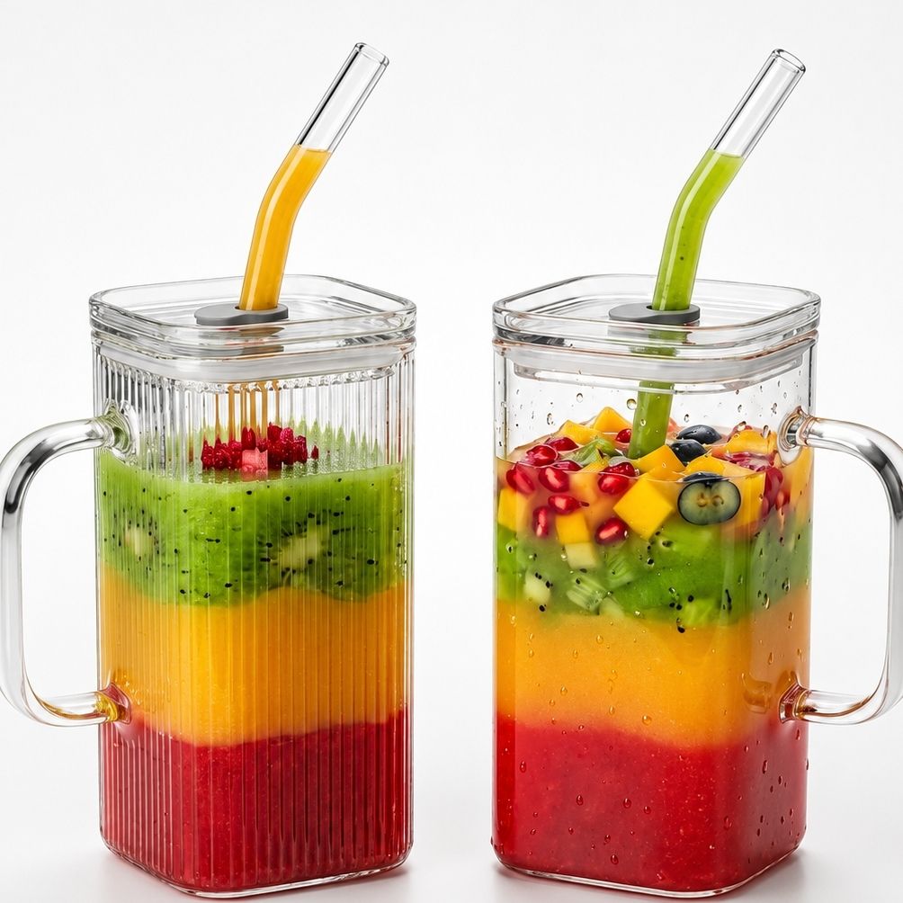 trihub mart Pack of 2 Glass Trihub Premium Transparent Glass Mug with Reusable Straw-picture-34