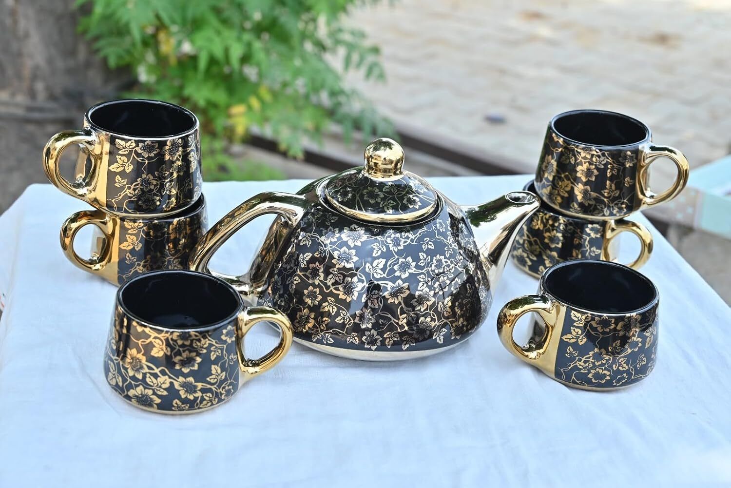 Pack of 1 Ceramic Luxury Turkish Ceramic Coffee & Tea Service for 6, | (Black with Golden Set)-image-19