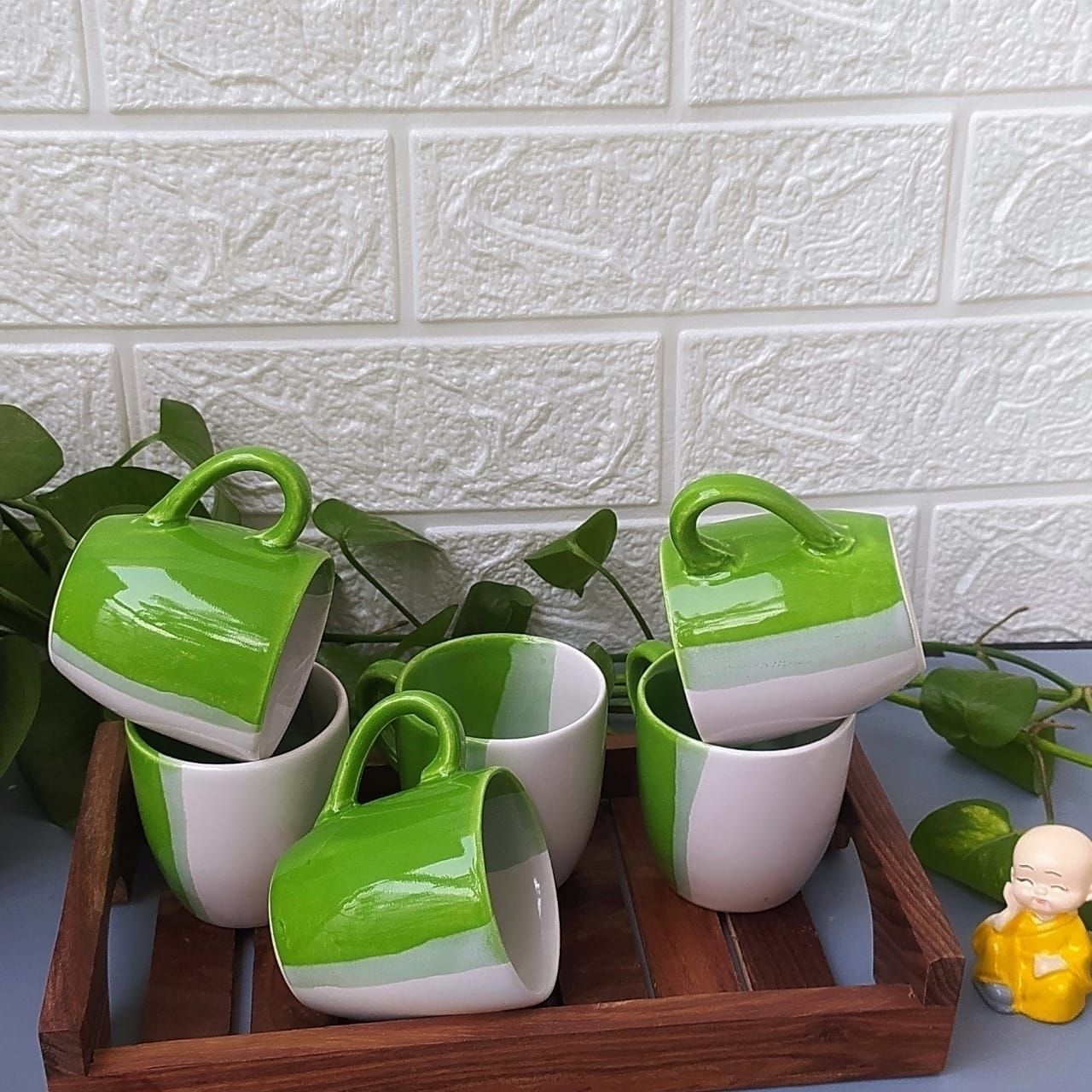 Pack of 6 Ceramic DOUBLE TONE CUP ( WHITE AND GREEN, 6 CUPS SET)-image-20