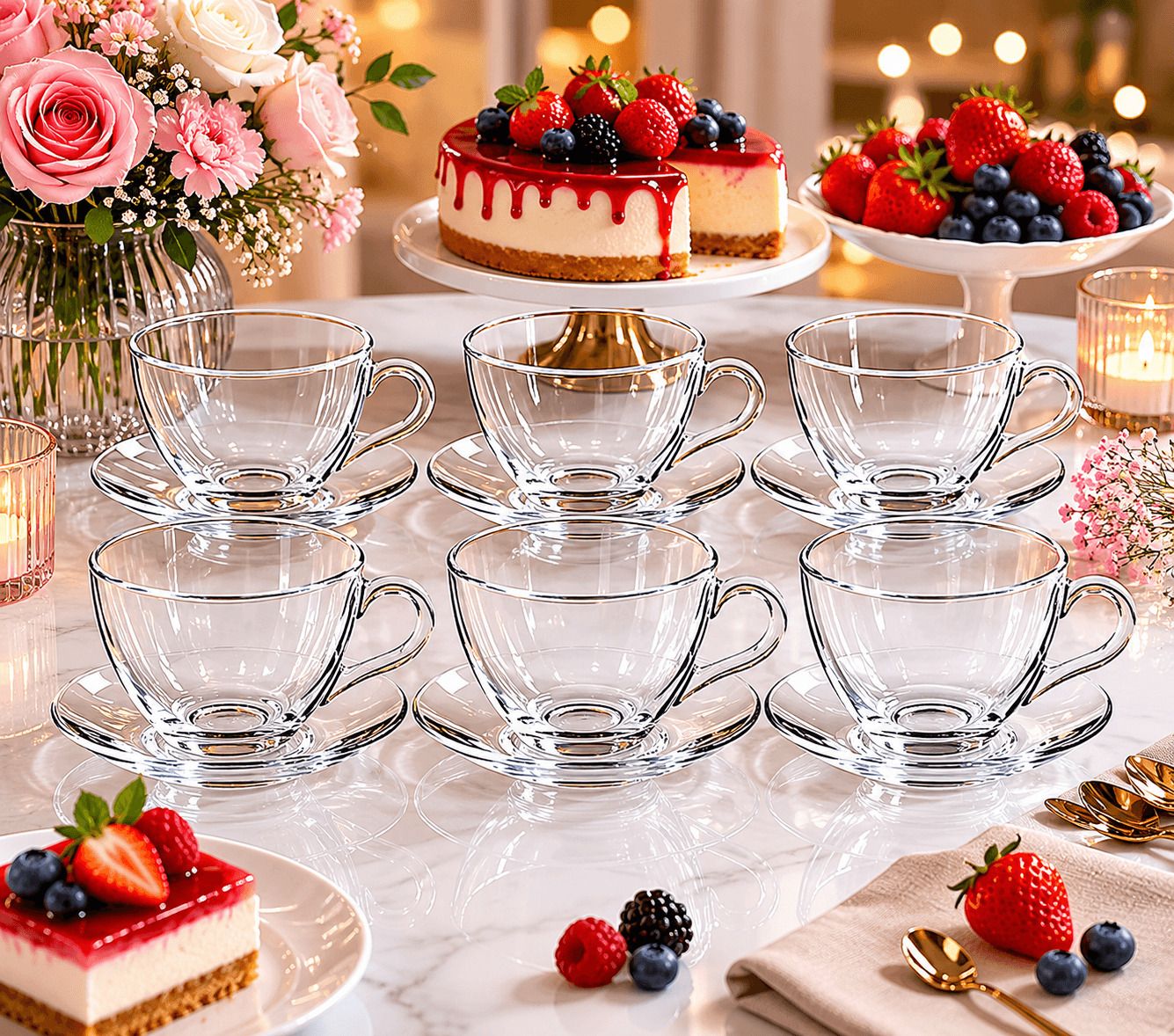 s1store Glass Glass Cup and Saucer Set 6 Cups 6 Saucers Clear Tea Coffee Serving Model 37-picture-10