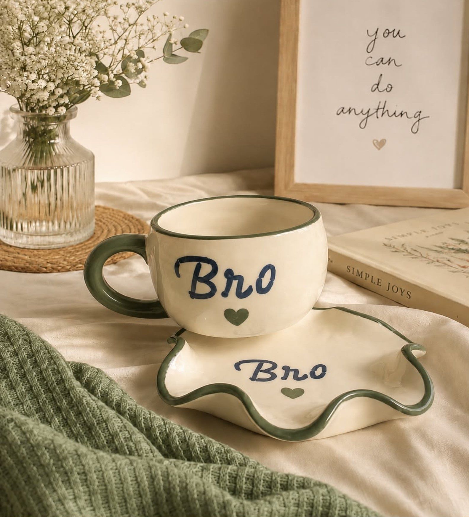 voidrop Pack of 1 Ceramic Coffee Mug & Saucer Set with Bro Print | Aesthetic Wavy Edge Tea Cup Set-picture-12