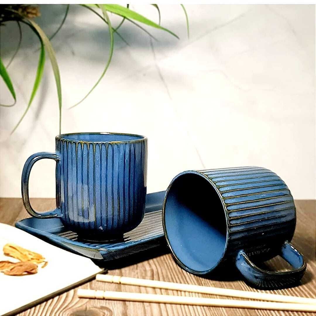 Pack of 1 Ceramic SKY Blue Plain Mugs With Tray In Ceramic ( 2 Pair Mugs)-image-14