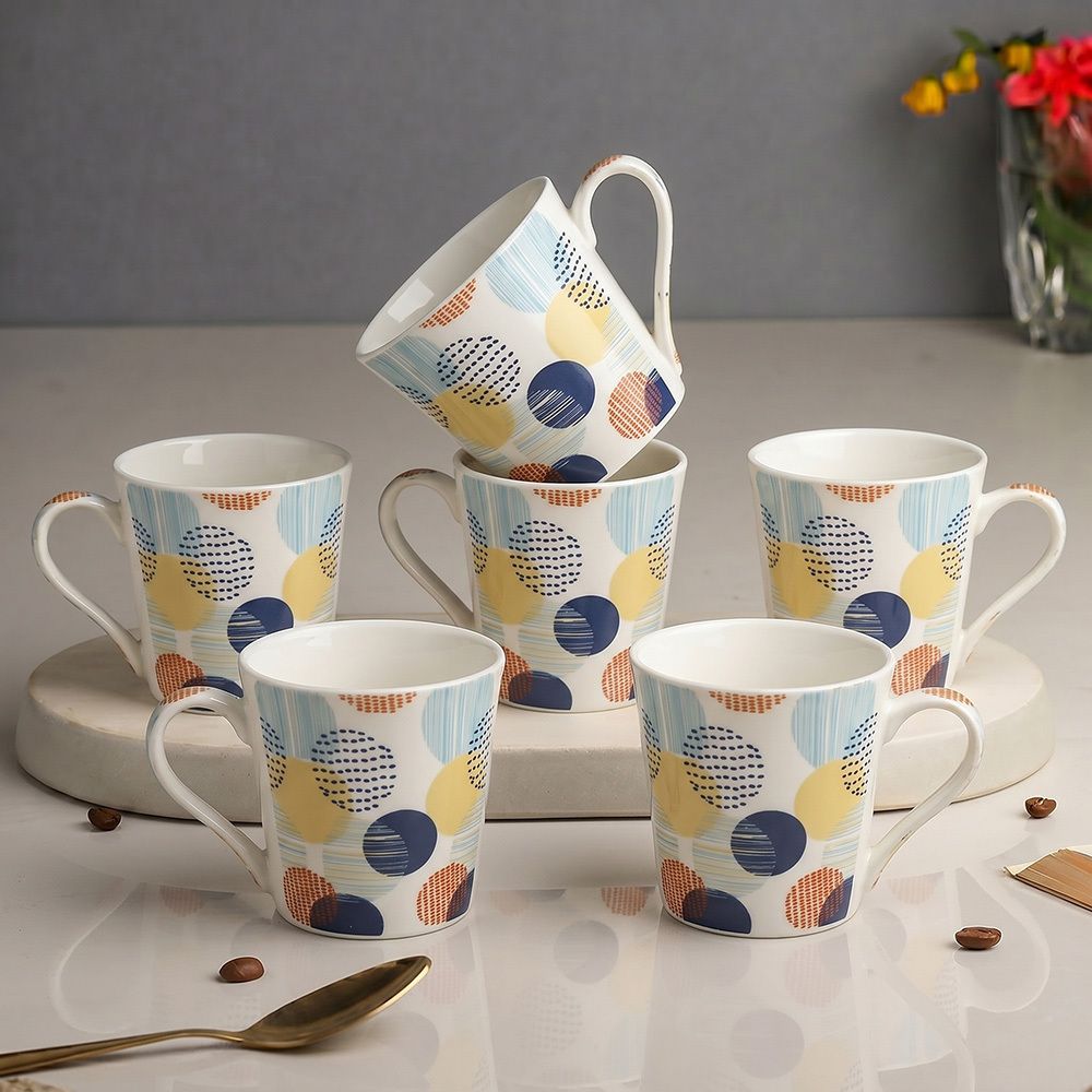 upc Bone China Coffee & Tea Mug Set of 6 | White Multicolor Abstract Circle Polka Dot Print-picture-17