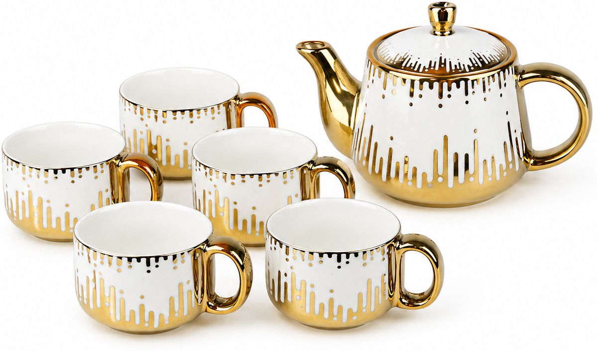 Luxury 7 Pcs Porcelain Tea Set White Gold Cups & Teapot Premium Gift Set Jug Glass Tray Set-image-42
