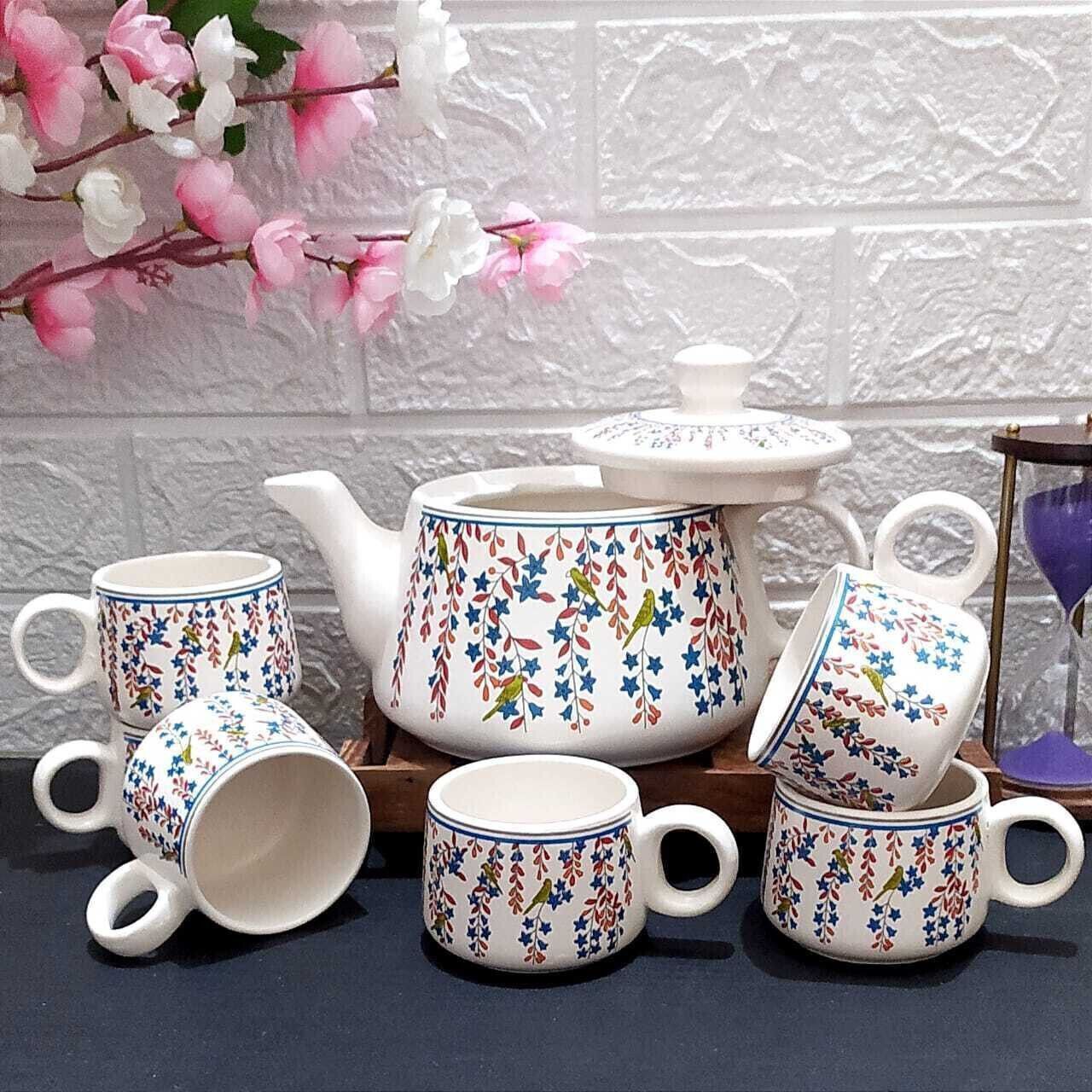 Ceramic TOTA MAINA on white Tea set with kettle ( pack of 6 cup and 1 kettle)-image-1