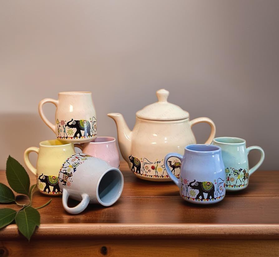 vyvr Pack of 7 Ceramic Rajasthani Art Design Tea Set 1 Teapot (1000ML)6 Cups (150ML Each) For Gift Home-picture-15